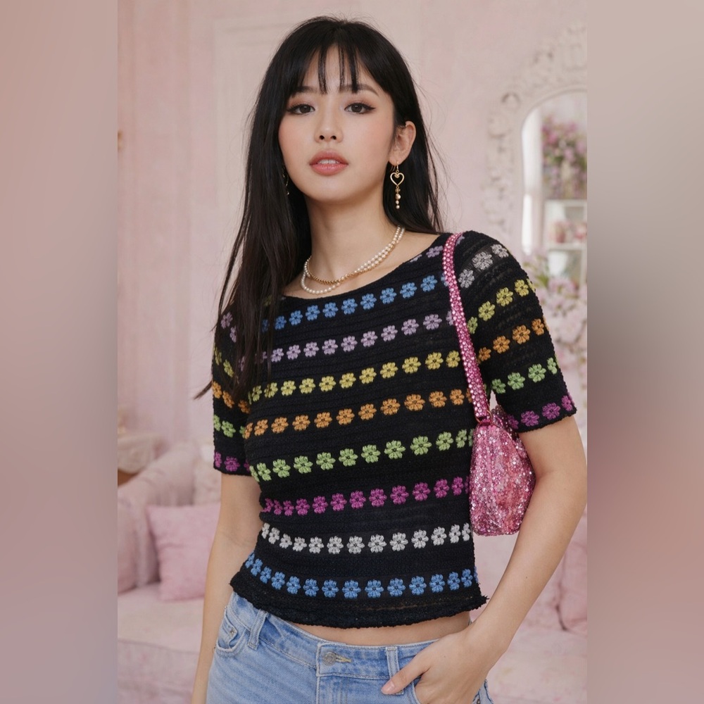 Y2K Floral Fitted Colorful Mesh Baby Tee